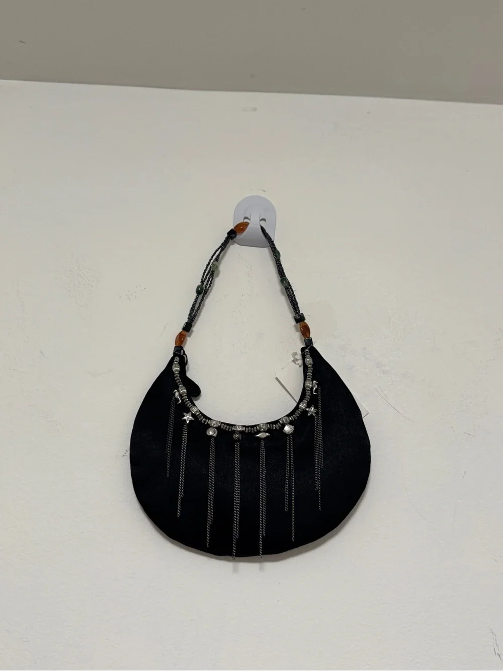 Y2K SAVANNA Small Black Beaded Shoulder Bag Boho Chain Tassel Purse